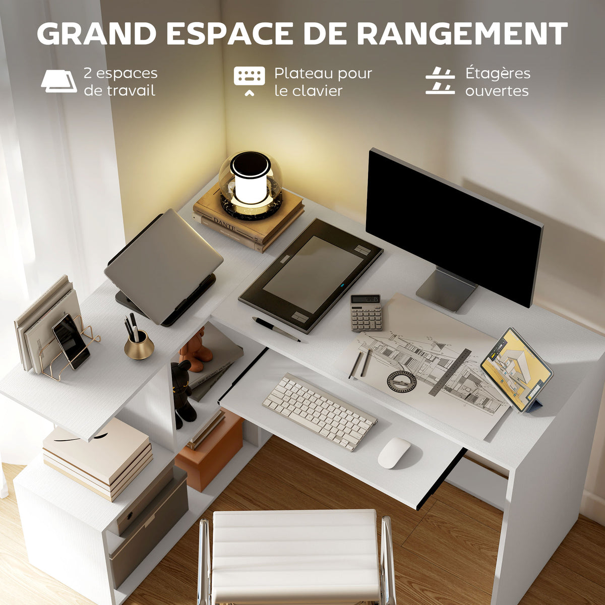 Bureau d'angle bureau en L avec étagères de rangement, plateau à clavier coulissant, 120x100x76cm, blanc