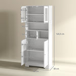 Buffet haut cuisine, armoire de cuisine, 4 portes, niches, étagères réglables, portes en verre, 60 x 30 x 145,5 cm blanc