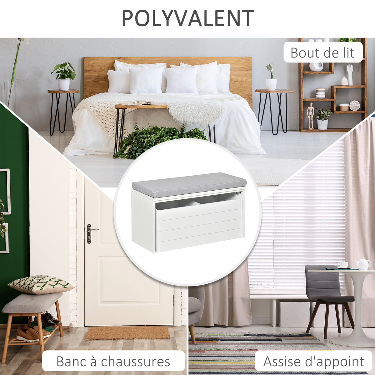Banc de Rangement avec Coussin Gris - Meuble à Chaussures - Banc à Chaussures avec Grand tiroir Double Compartiment - MDF Blanc