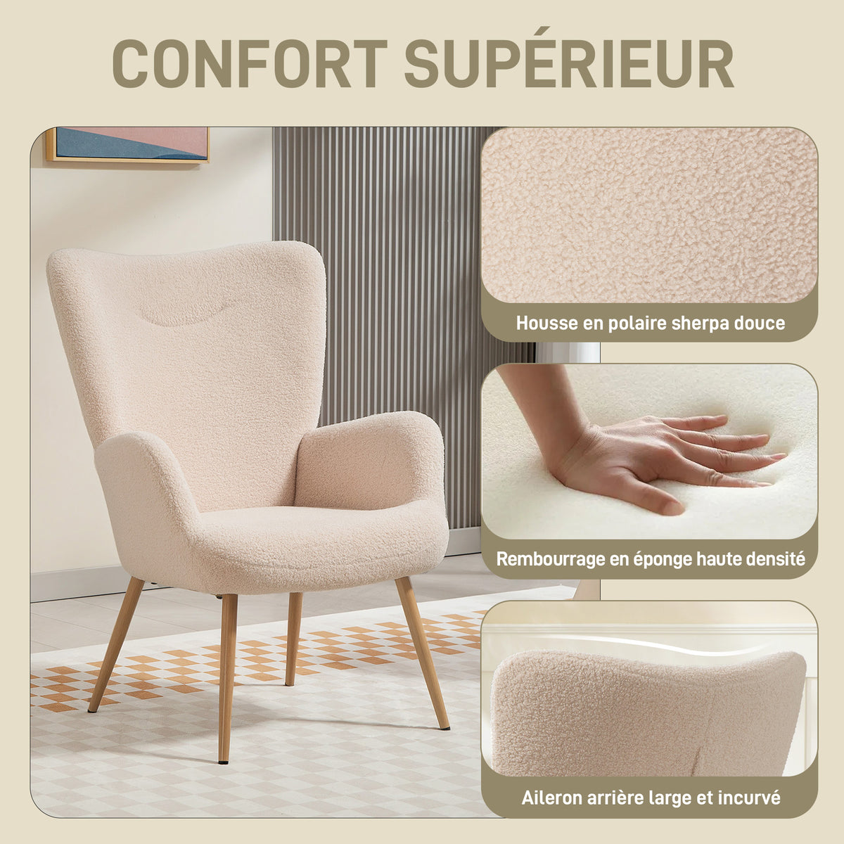 Fauteuil salon, fauteuil d'appoint rembourré en tissu bouclette avec haut dossier et accoudoirs, 71x74x97,5cm, beige