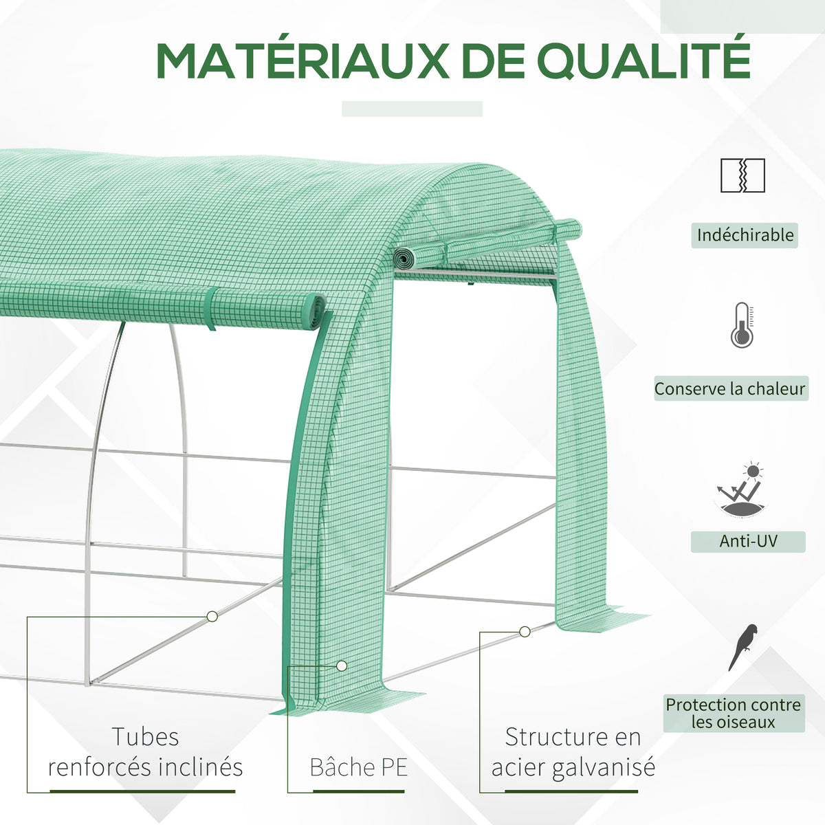 Serre de jardin serre tunnel 18 m² avec porte, parois latérales enroulables 12 fenêtres acier PE  4 x 3 x 2 m vert
