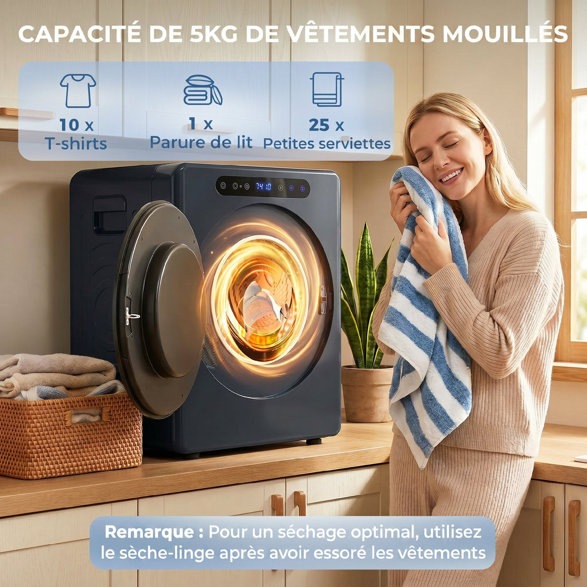 Sèche linge à évacuation, sèche-linge électrique 1000 W 3 Kg, modes Extra Dry et ECO, minuterie, acier inoxydable, bleu