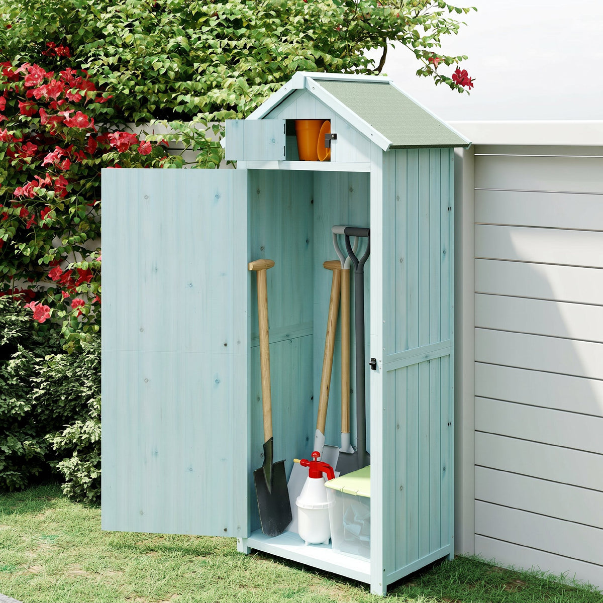 Armoire de jardin extérieur abri de jardin en bois abri pour outils 3 étagères 2 Portes loquets Toit Pente bitumé 77L x 54l x 179H cm Sapin traité Bleu