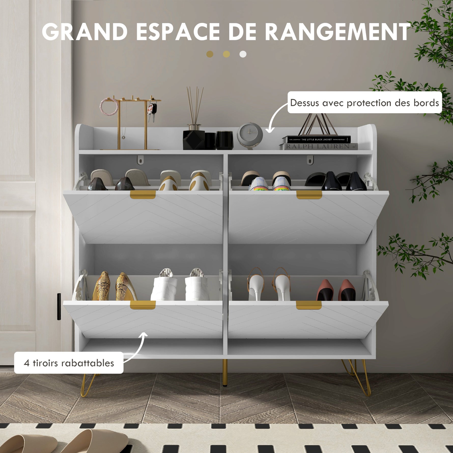 Meuble à chaussures 4 abattants, avec étagère réglable, rangement chaussure 106 x 24 x 102 cm, blanc