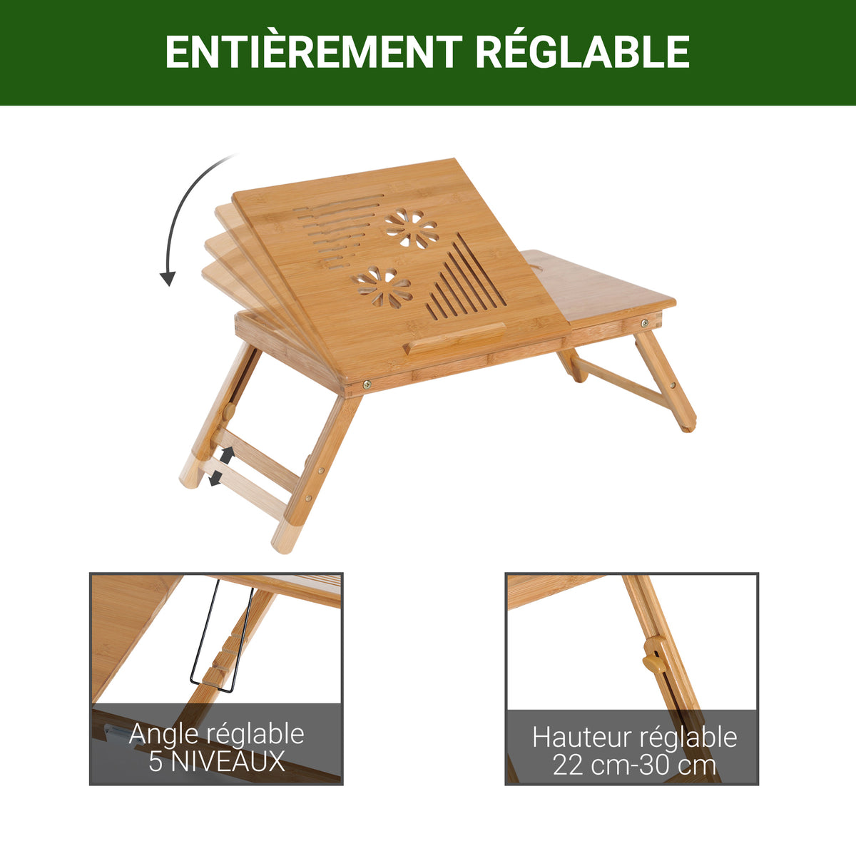 Table de lit plateau pour ordinateur en bois de bambou plateau inclinable pliable réglable en hauteur naturel