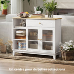 Buffet salon avec placard à portes en verre trempé nervuré, tiroir, 3 compartiments ouverts et étagères réglables, blanc