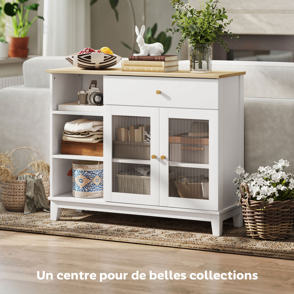Buffet salon avec placard à portes en verre trempé nervuré, tiroir, 3 compartiments ouverts et étagères réglables, blanc