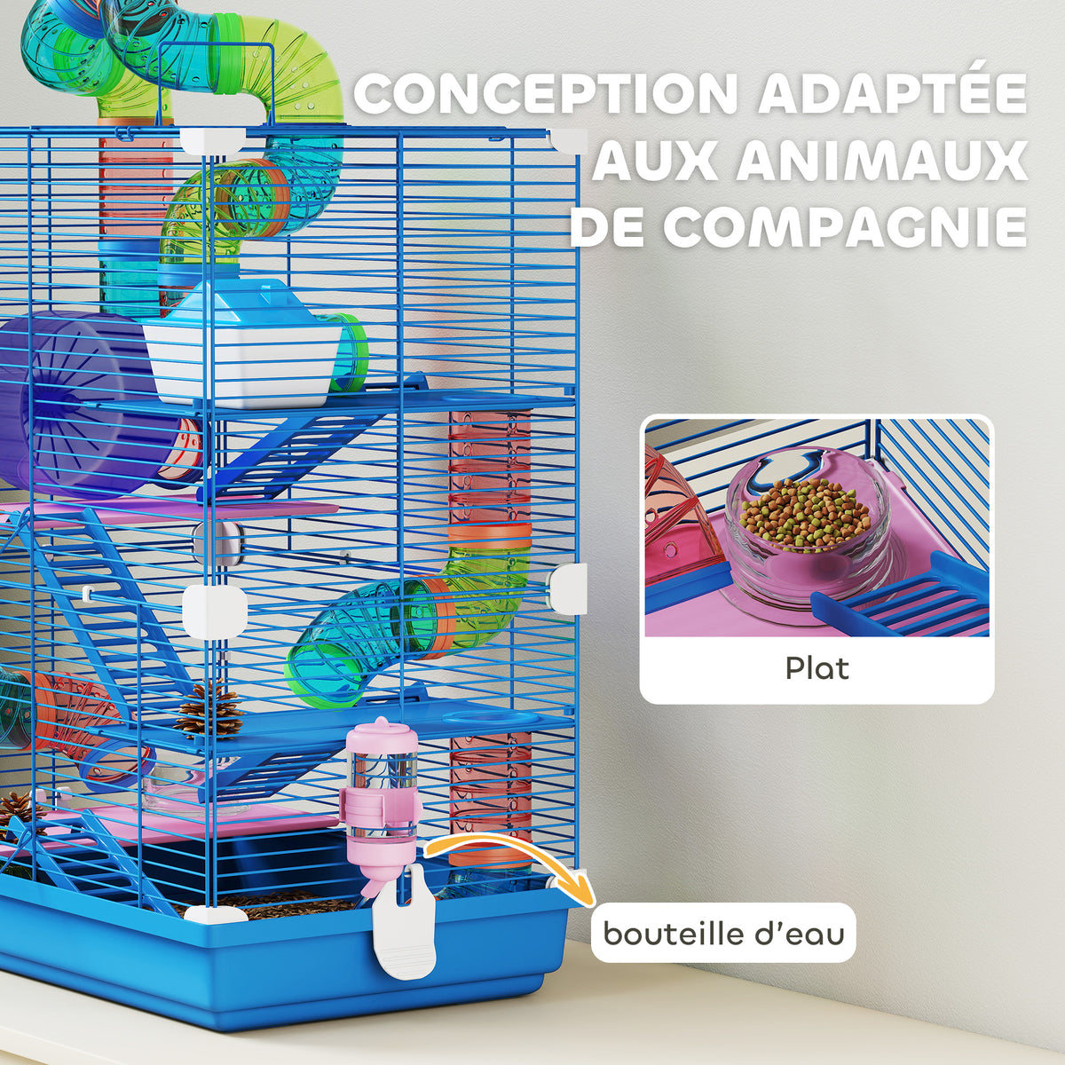 Cage pour hamster rongeur 4 étages avec tunnels mangeoire roue maison échelles 46 x 30 x 58 cm bleu