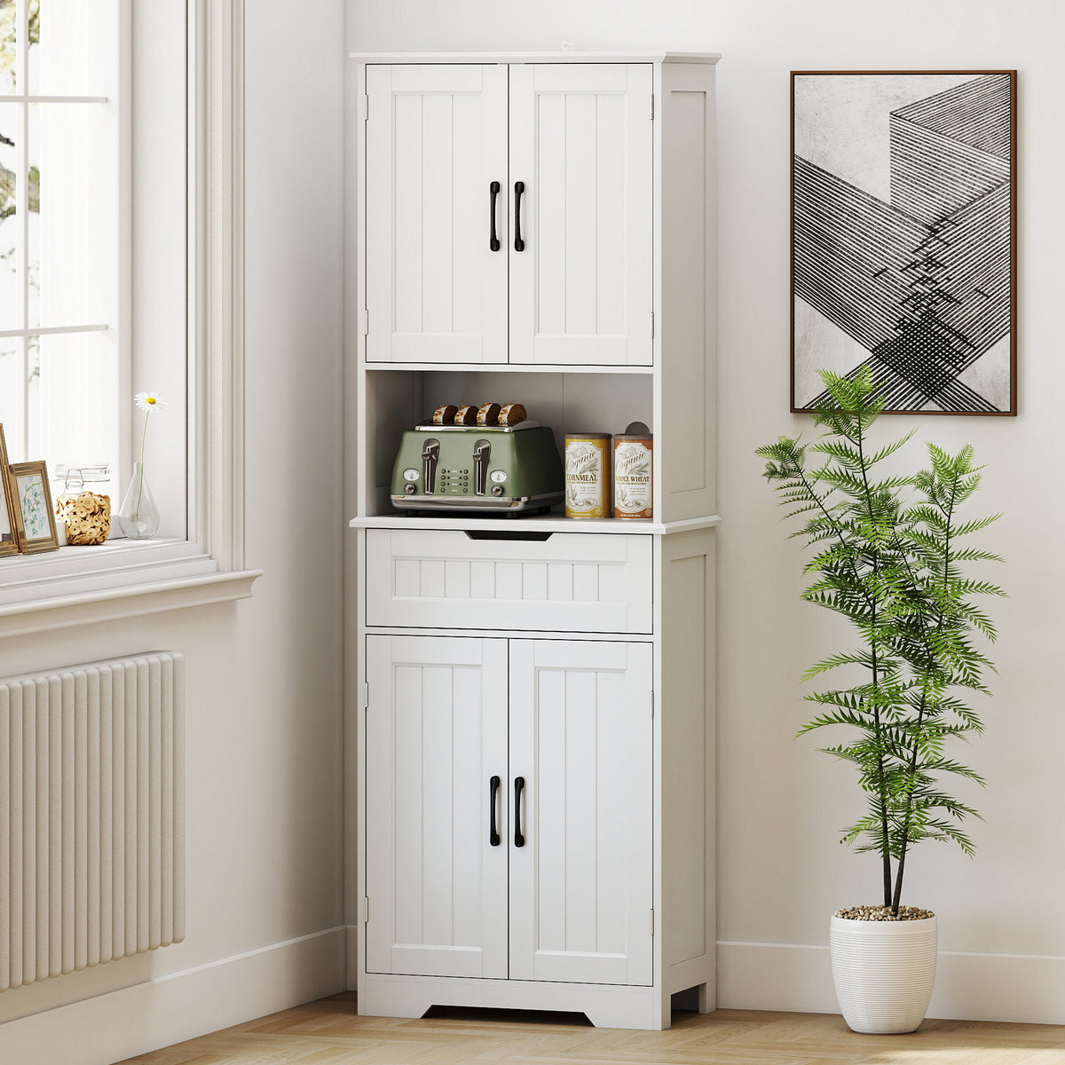 Buffet cuisine, armoire de cuisine avec 4 portes, tiroir, compartiment ouvert et étagères réglables, 60x30x172cm, blanc