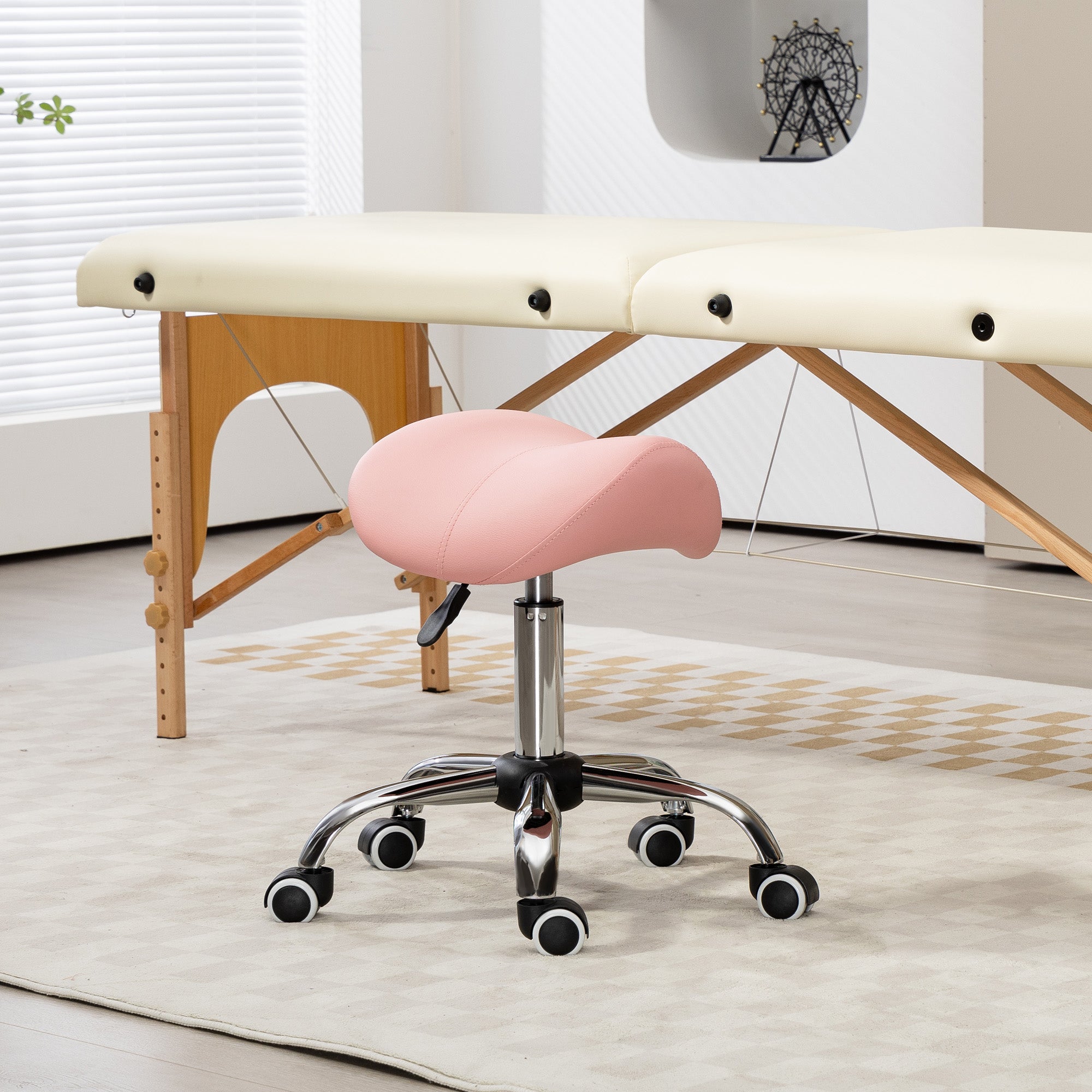 Taburete con ruedas, silla de trabajo con altura ajustable 49-61 cm y asiento ergonómico, 52x53x49-61cm, rosa