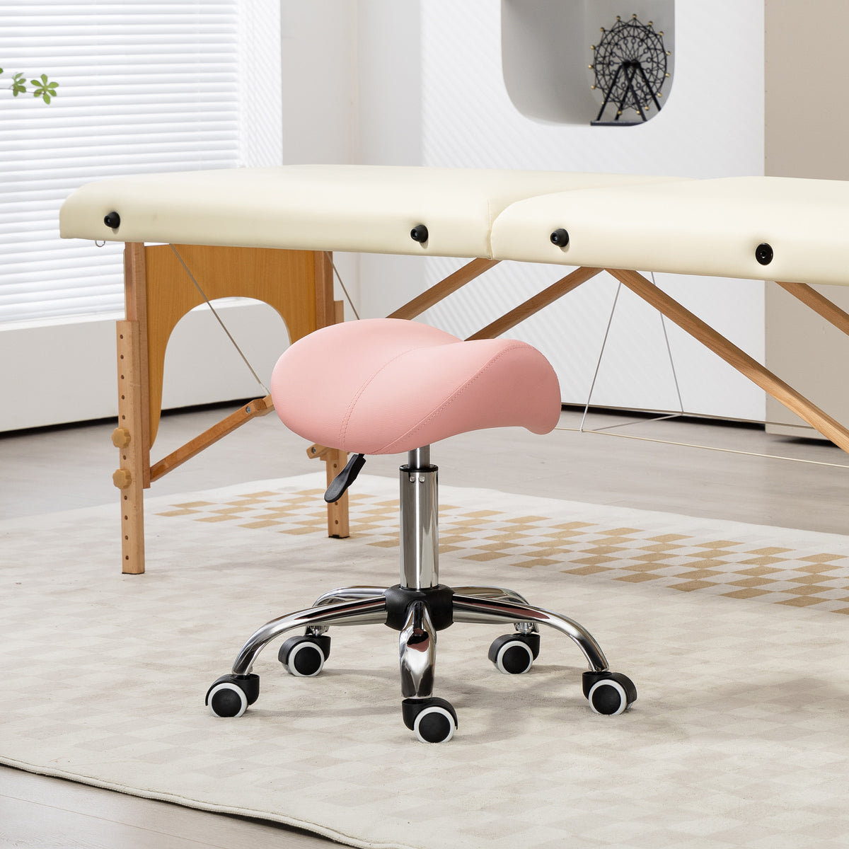 Tabouret à roulettes, chaise de travail avec hauteur réglable 49-61 cm et selle ergonomique, 52x53x49-61cm, rose