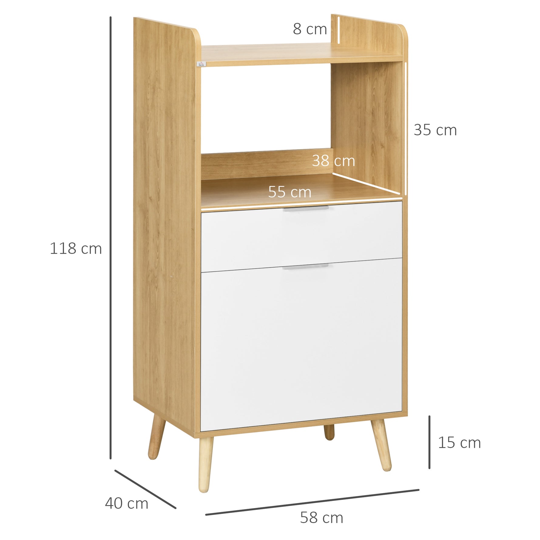 Meuble desserte de cuisine pour micro-ondes avec placard tiroir étagère réglable 58 x 40 x 118 cm naturel et blanc