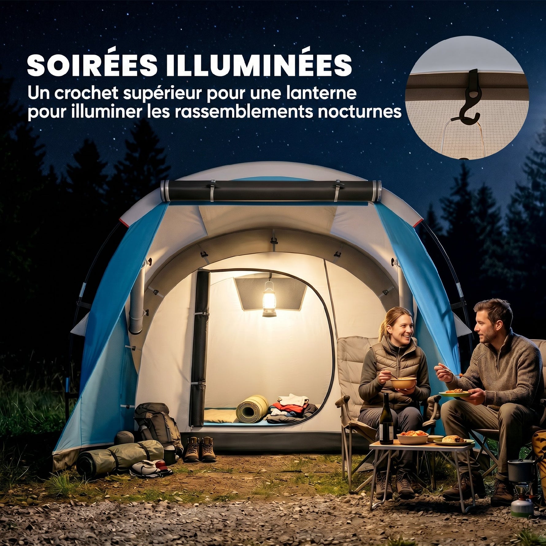Tente de camping familiale 3 personnes, tente tunnel imperméable, 2 portes fenêtres, ventilée 4,6 x 2,6 x 1,9 m, bleu