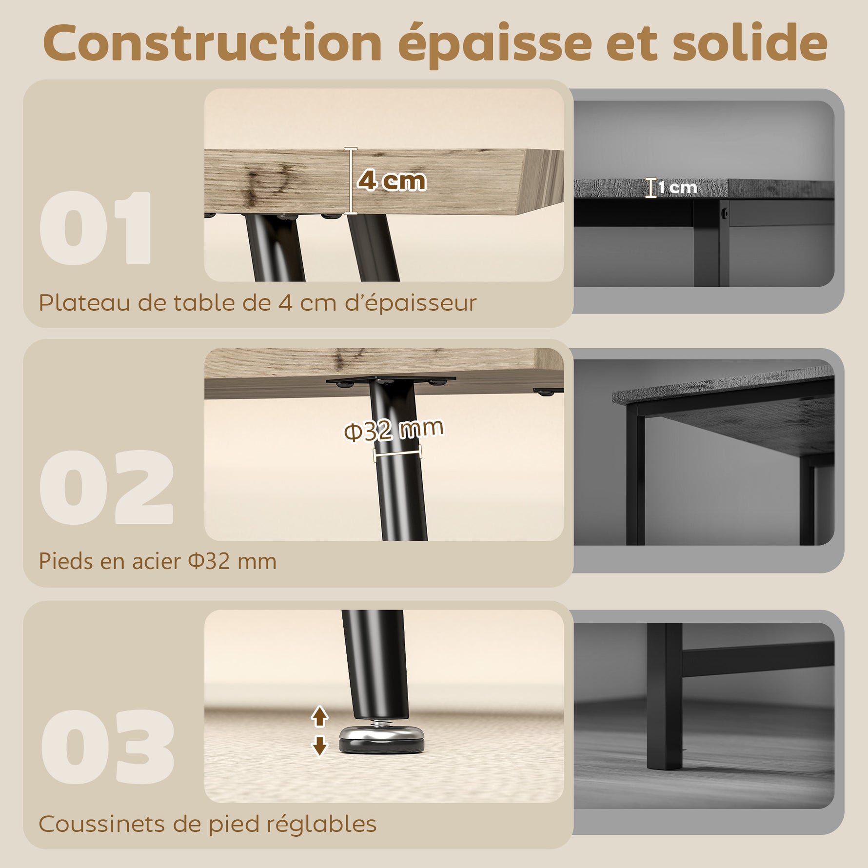 Table basse, table d'appoint moderne avec pieds en acier et plateau épais de 4 cm, 100 x 50 x 45 cm, chêne et noir