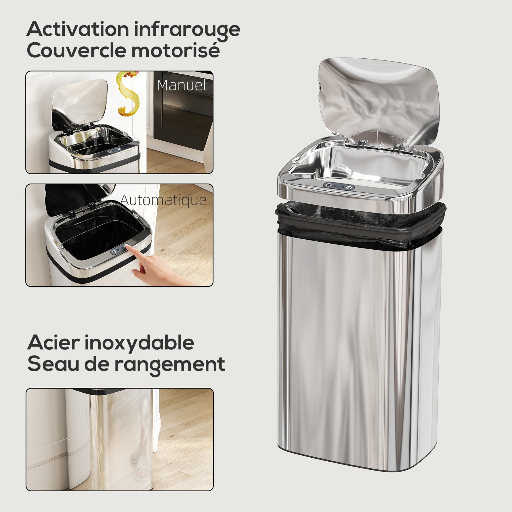 Poubelle à capteur de mouvement ouverture automatique 1 bac de 30 L en acier inoxydable