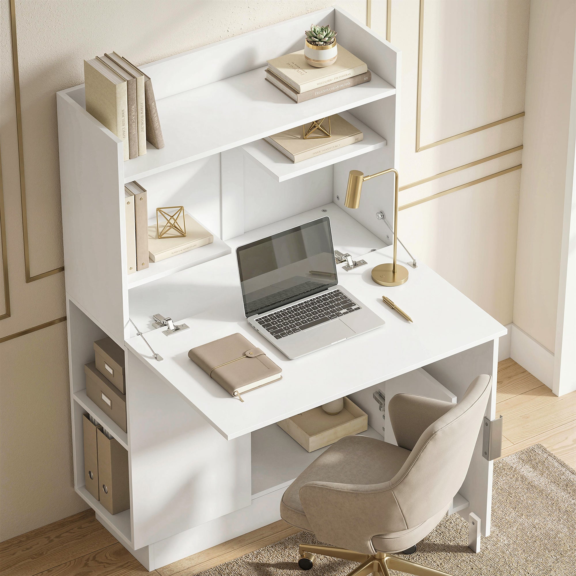 Bureau d'ordinateur pliant, bureau informatique avec plateau rabattable, étagères et placard, 80x30x128cm, blanc