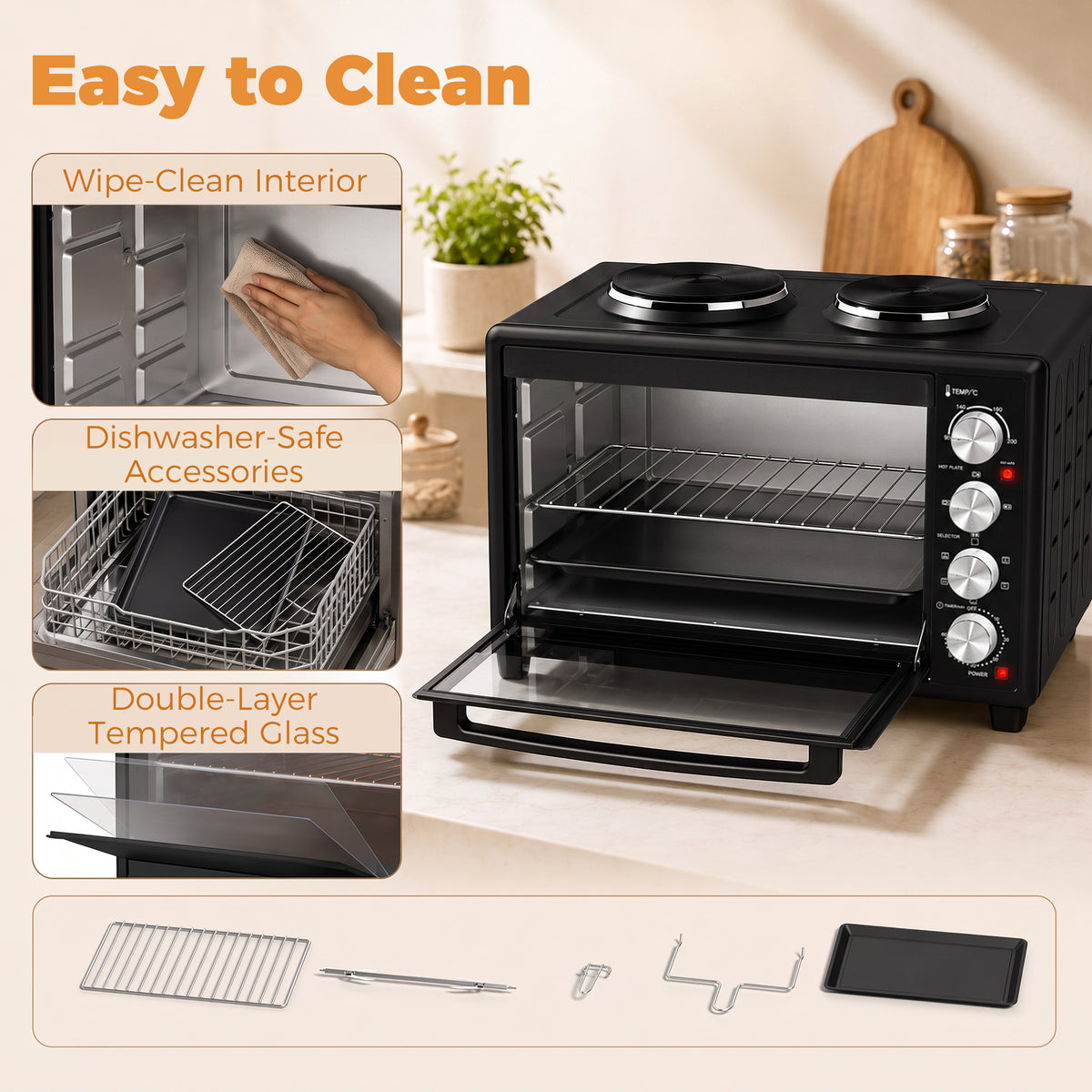 Minihorno con 2 placas de cocción y rustidor 46L 2850 W, horno de convección multifunción, temporizador, negro
