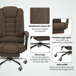 Fauteuil de bureau avec hauteur réglable, dossier inclinable, repose-pied et accoudoirs rembourrés, marron