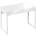 Bureau avec 2 tiroirs, table d'ordinateur 100 x 50 cm, bureau moderne pied en acier, pour petits espaces, blanc brillant