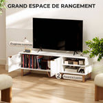 Meuble TV banc TV pour téléviseur jusqu'à 70 pouces - placard à 2 portes cannelées, compartiment ouvert et passe-câbles
