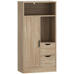 Meuble de salle de bain, meuble de rangement étroit avec 2 tiroirs, compartiments ouverts, 50x25x100cm, bois naturel