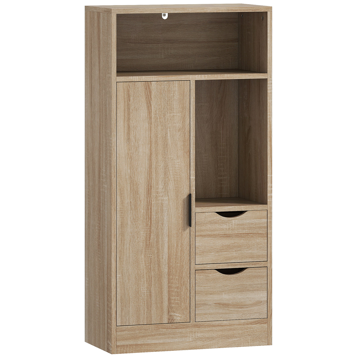 Meuble de salle de bain, meuble de rangement étroit avec 2 tiroirs, compartiments ouverts, 50x25x100cm, bois naturel