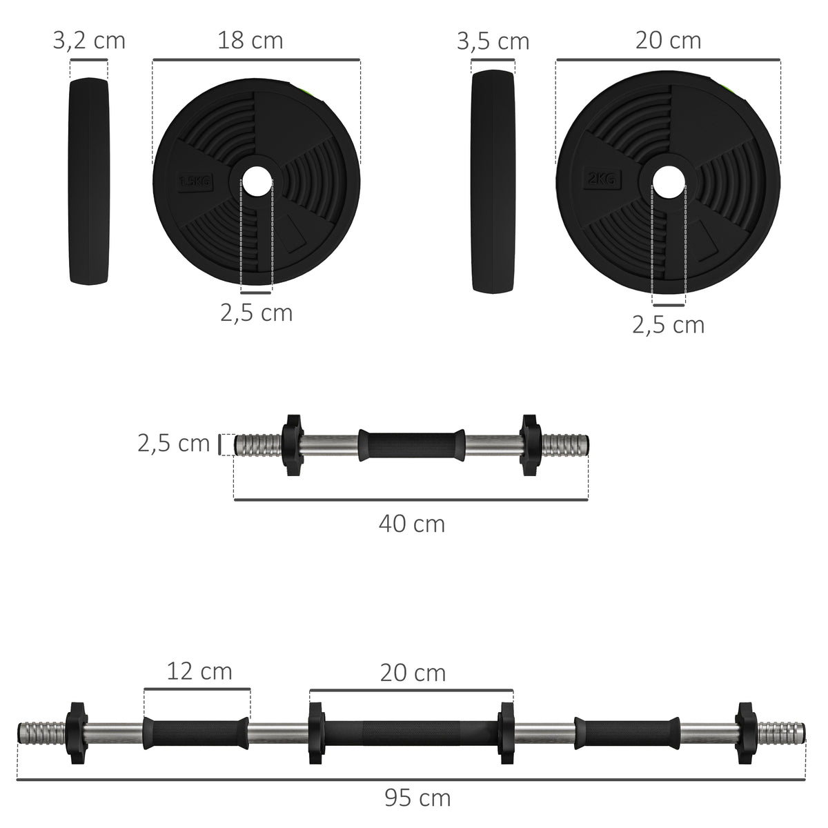Haltères 2 en 1 réglables, haltères libres avec poignées antidérapantes, 15KG - Barres incluses