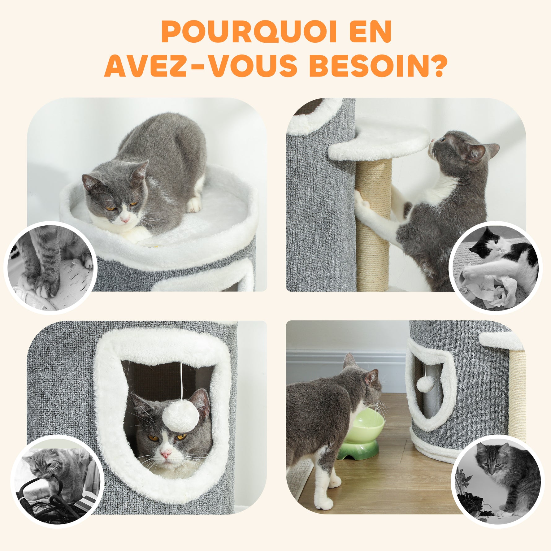 Tour pour chat à 4 niveaux arbre à chat stable avec griffoirs en sisal et bord en peluche 2 plateformes 50x36x101cm gris