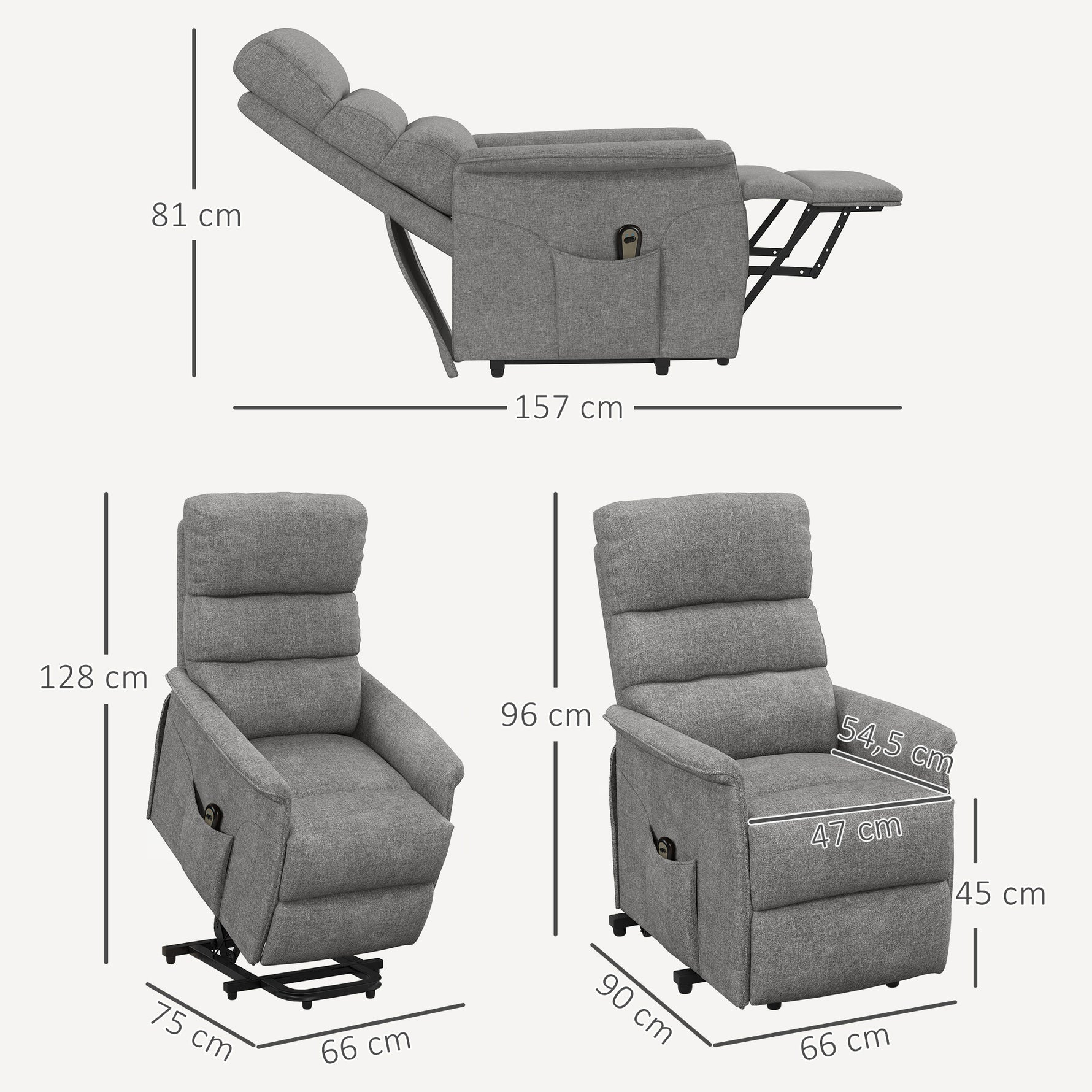 Fauteuil releveur électrique avec repose-pied dossier inclinable télécommande et pochette gris-2