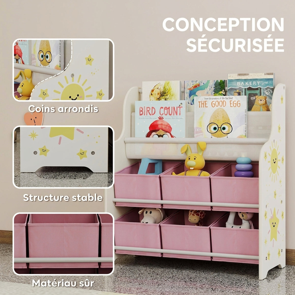 Mobile contenitore per bambini, porta giocattoli, 6 cassetti in tessuto e scaffale a due livelli, 63x30x71cm, rosa