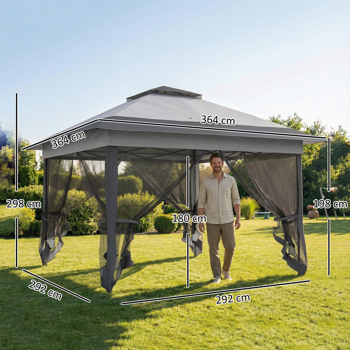 Gazebo da giardino pieghevole pop-up in acciaio e poliestere con zanzariere + borsa per il trasporto con ruote grigio