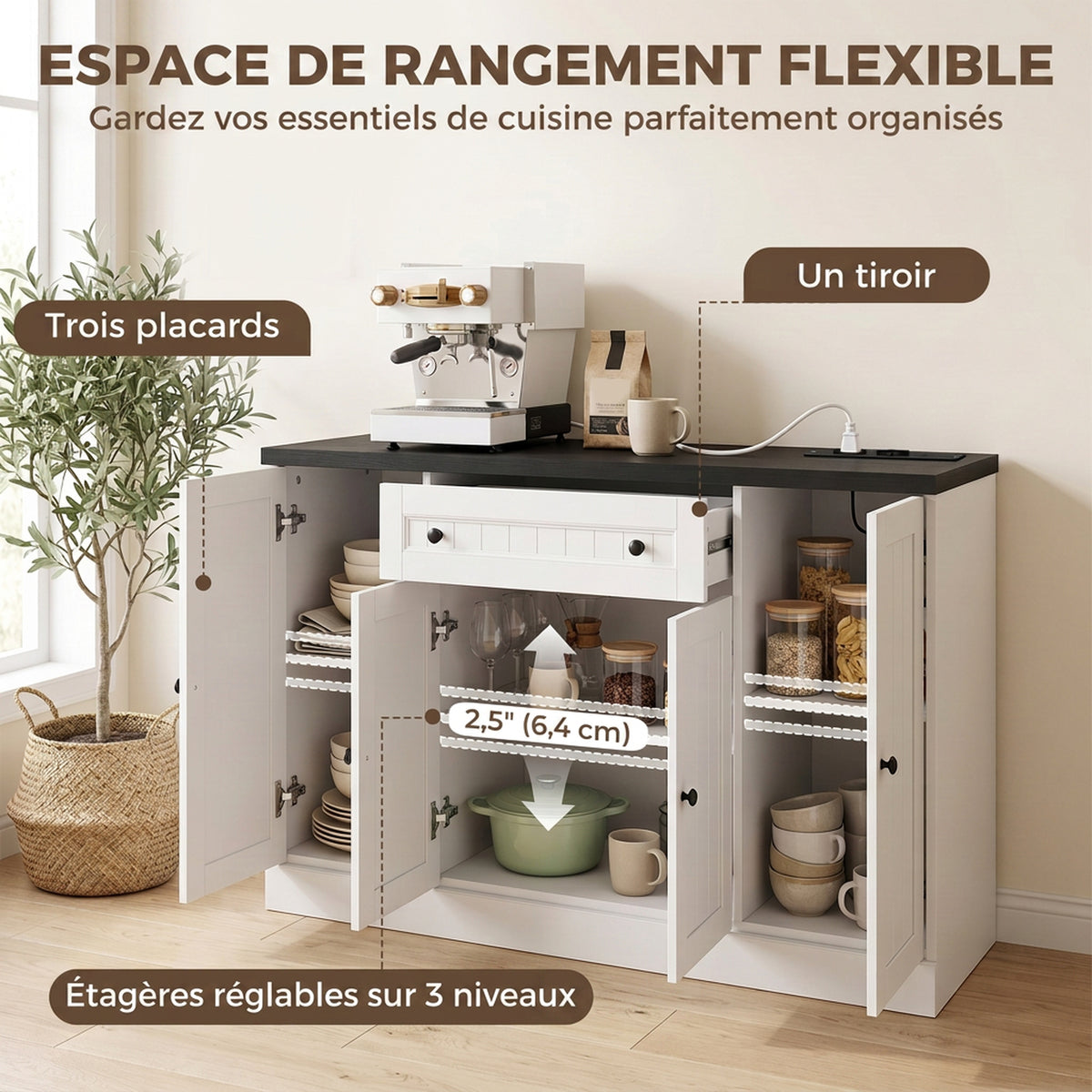 Buffet Salon avec Station de Charge, Meuble de Rangement avec 4 Portes, Tiroir, Étagères Réglables, Blanc et Noir