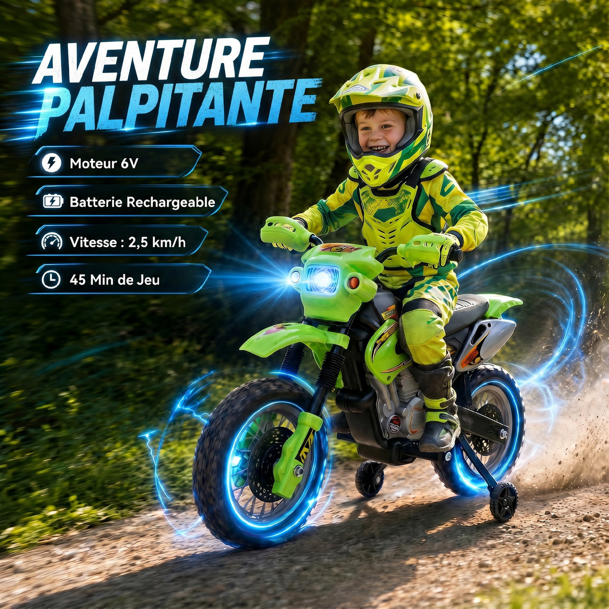 Elektro-Motorrad für Kinder, Kinder-Motocross mit 6-V-Batterie, Scheinwerfern, Musik und Stützrädern, 3 bis 6 Jahre, Traglast 25 kg, Grün und Schwarz