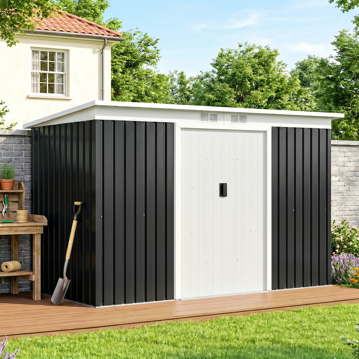 Abri de jardin en acier galvanisé XXL 3,6 m² avec kit de fondation 280 x 130 x 172 cm, cabane de jardin cabanon rangement outils avec portes coulissantes verrouillables aérations, noir