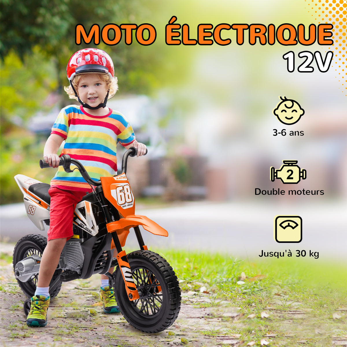 Moto électrique pour enfant moto cross pour enfants de 3 à 6 ans 2 moteurs 12V vitesse 5 km/h 109,5x60x72,5cm orange