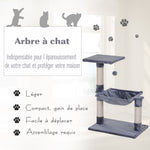 Tiragraffi per gatti, 3 colonne in sisal naturale, piattaforma, amaca e pallina sospesa, dim. 50L x 36P x 70A cm, in peluche corto grigio
