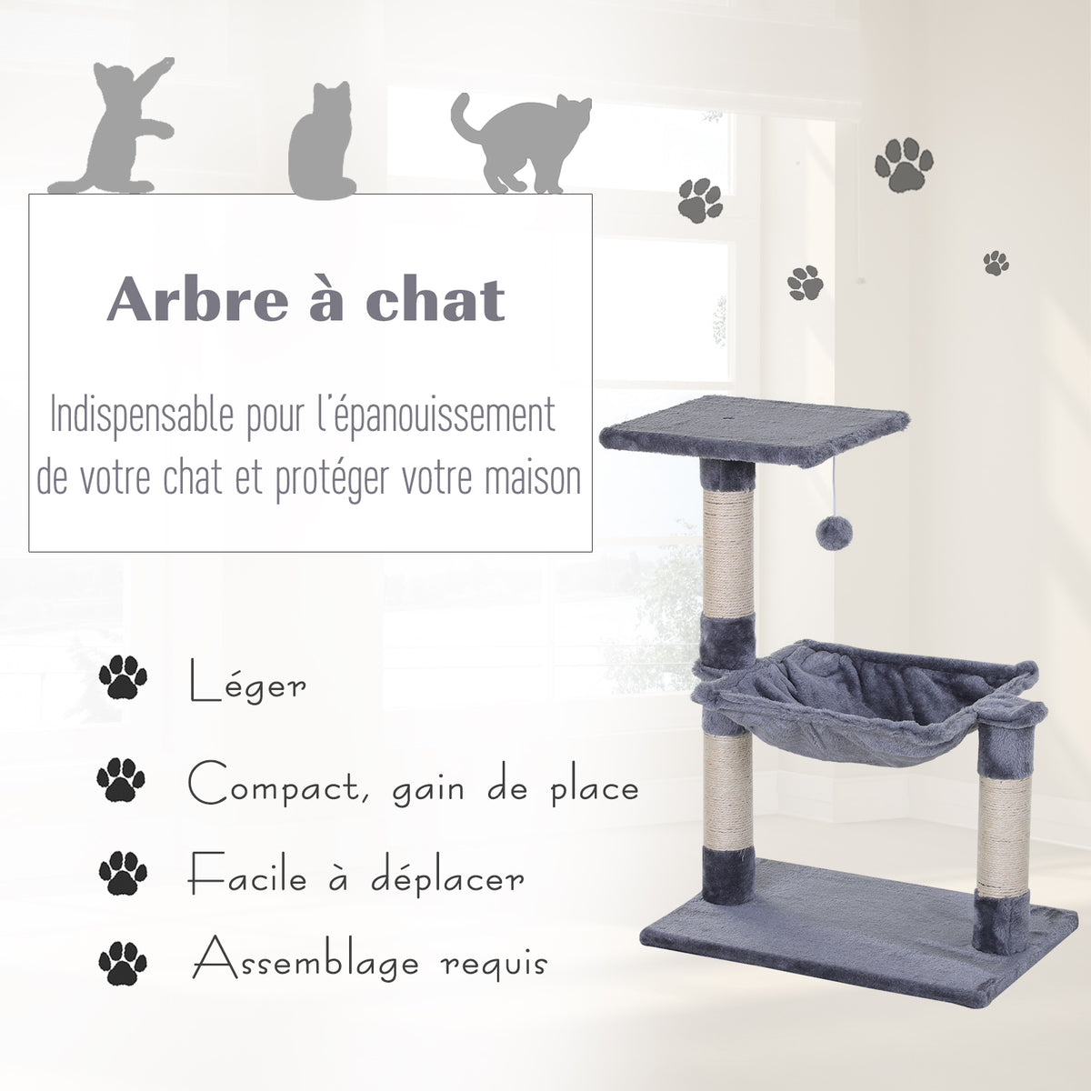 Tiragraffi per gatti, 3 colonne in sisal naturale, piattaforma, amaca e pallina sospesa, dim. 50L x 36P x 70A cm, in peluche corto grigio