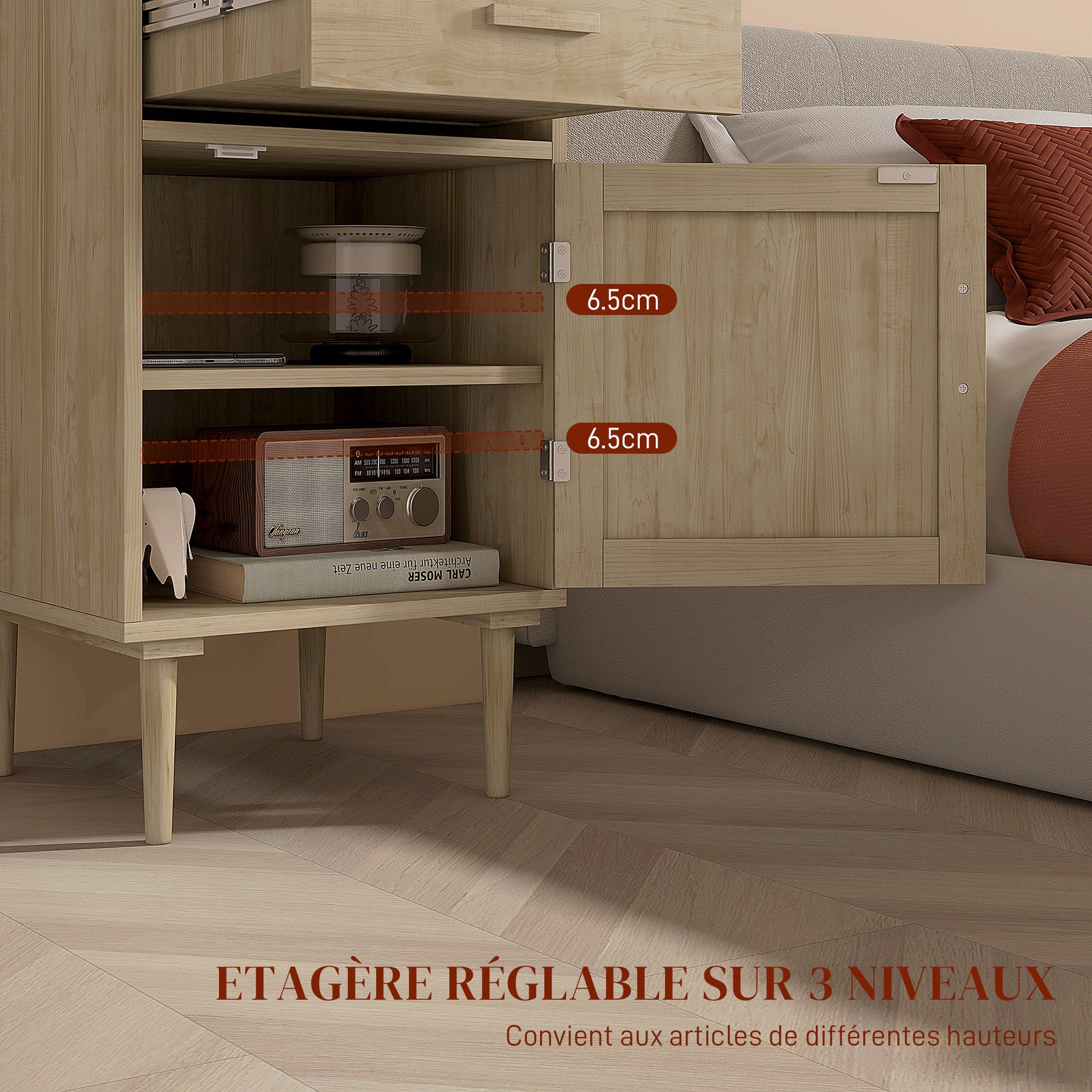 Table de chevet avec placard et étagère porte rotin tissé 1 tiroir design bohème - 40 x 40 x 68,5 cm naturel