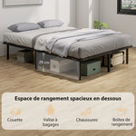 Estructura de cama de 140 x 190 cm, cama matrimonial con somier de láminas de madera maciza y piecero, con almacenamiento debajo, color negro