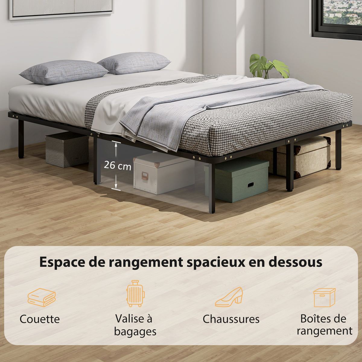 Estructura de cama de 140 x 190 cm, cama matrimonial con somier de láminas de madera maciza y piecero, con almacenamiento debajo, color negro