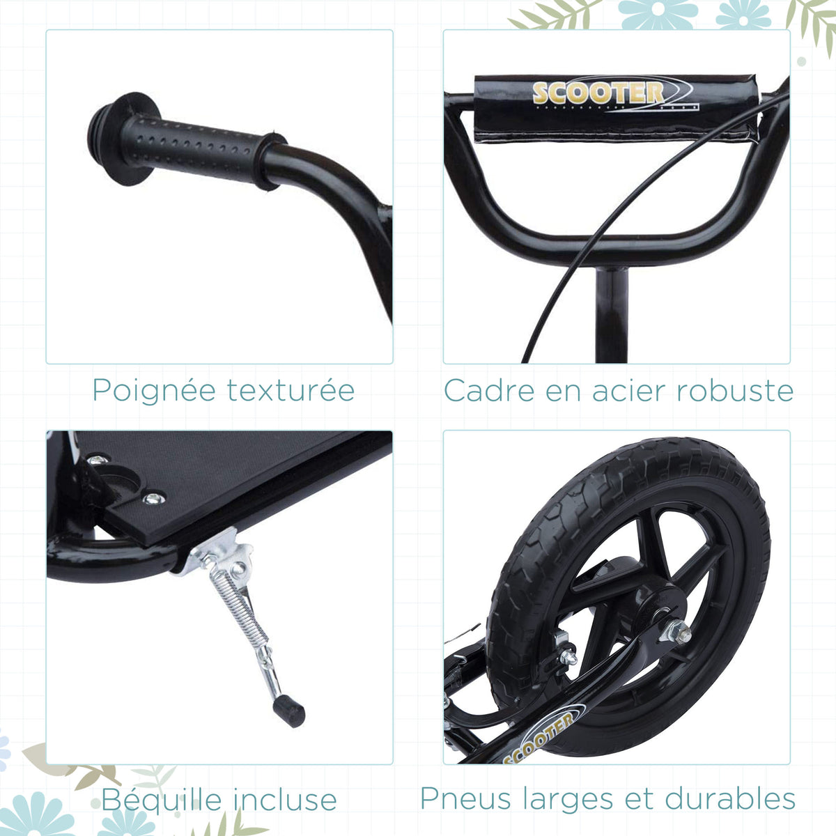 Trottinette enfant patinette pneus 30 cm Hauteur Guidon réglable poignée Frein et béquille Acier pour enfants à partir de 5 ans Noir