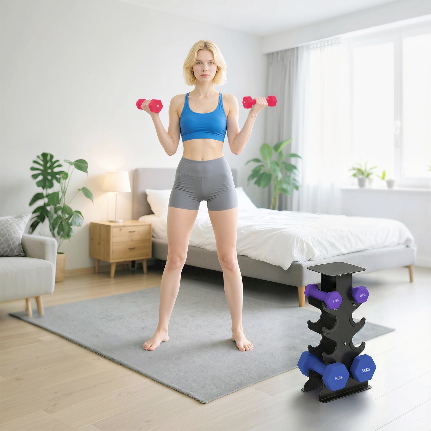 Lot 3 haltères hexagonaux avec support, 2 x 1kg, 2 x 3kg, 2 x 5kg, poignées antidérapantes, fitness à domicile