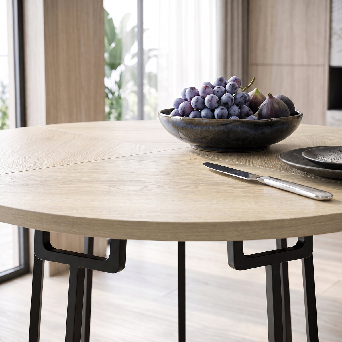 Table à Manger Ronde pour 4 à 6 Personnes, Ø 120 x 75 cm, Table de Cuisine avec Piétement Conique en Métal, Bois Naturel