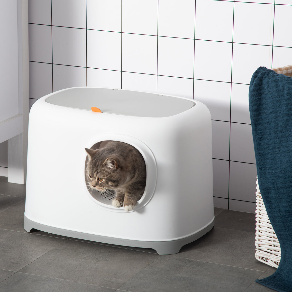 Kattenbak, gesloten kattentoilet met deksel en schep, kunststof (PP), 55L x 40B x 39H cm, wit