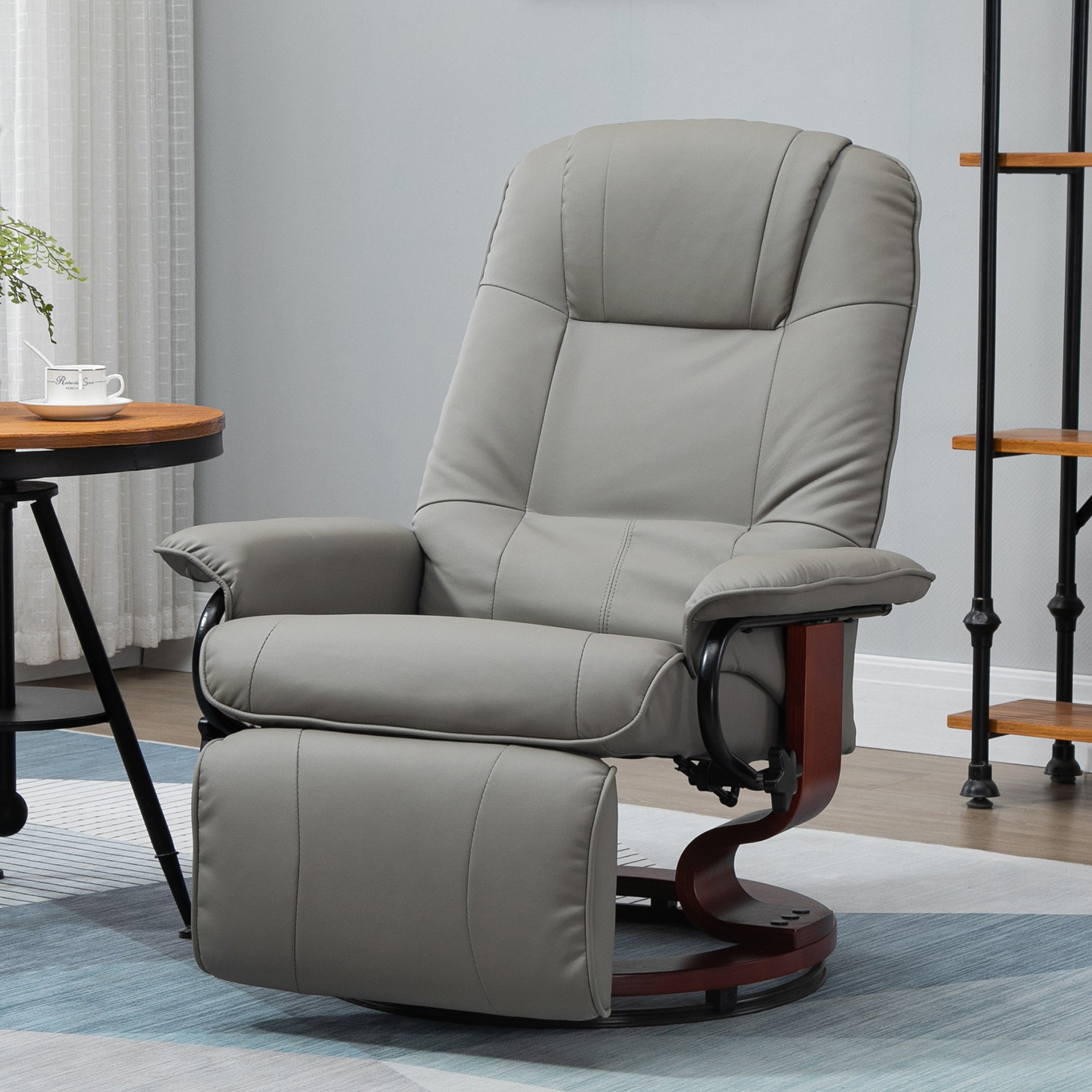 Fauteuil relax inclinable repose-pieds réglable pivotant 360° piètement bois revêtement PU respirant et doux gris