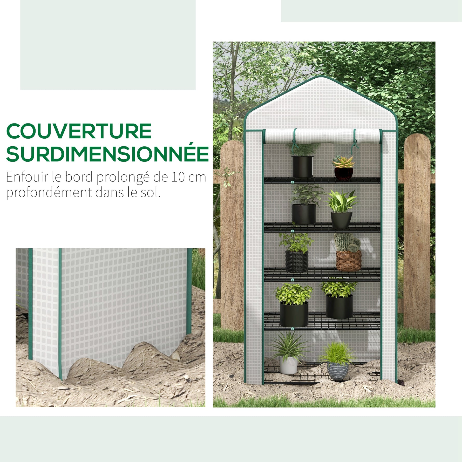 Serre de jardin Serre 5 niveaux avec 1 porte enroulable, Bâche en PE Renforcée Résistante dim. 90L x 49l x 193H cm