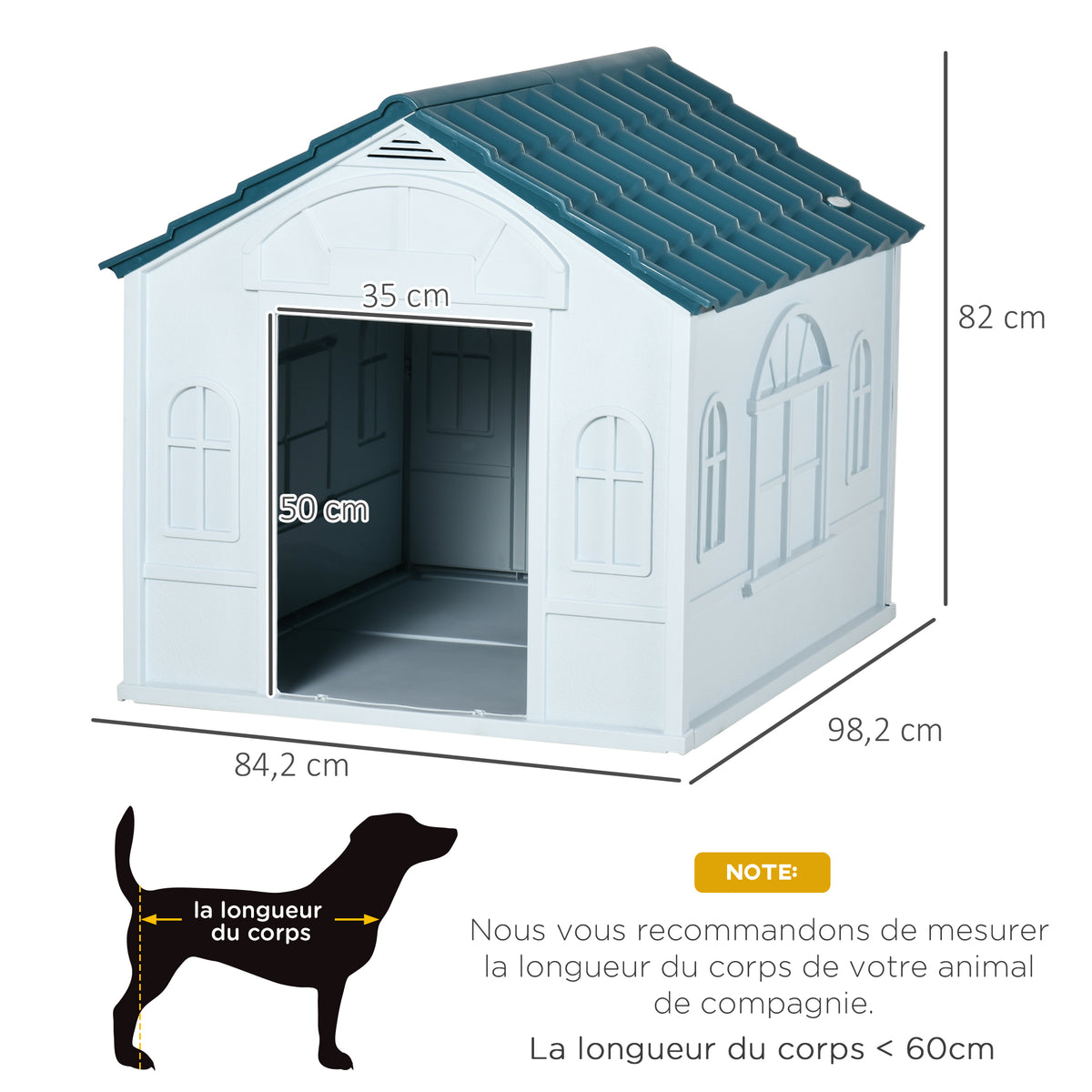 Niche pour Chien Extérieur avec Toit en Pente et Porte Avant Ouverte, pour Chiens Moyens et Grands, 84,2x98,2x82cm, Bleu