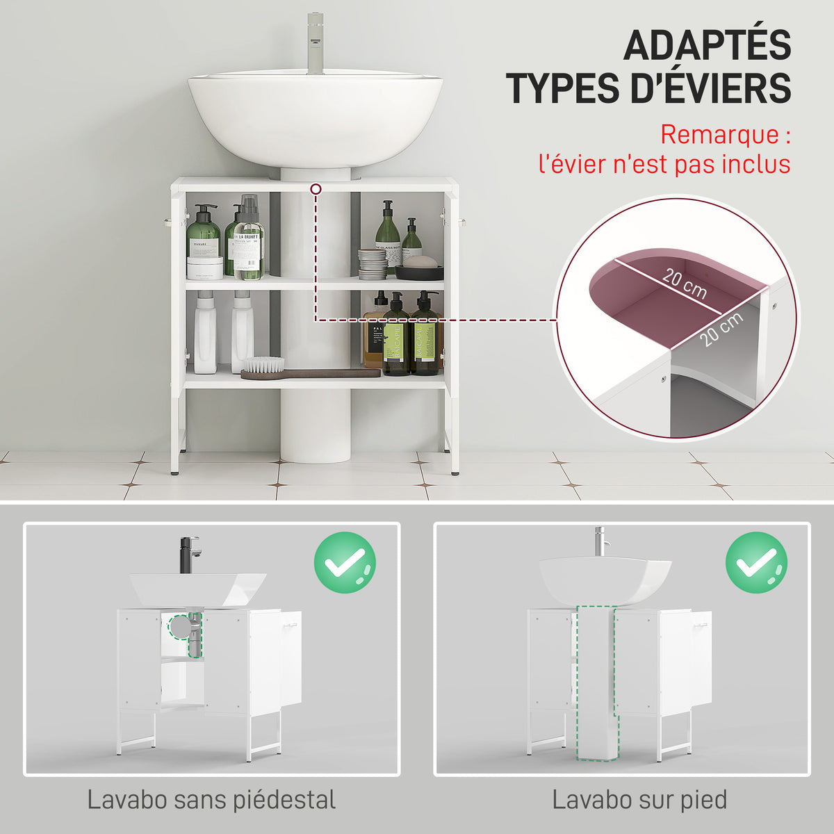 Meuble sous lavabo, meuble de salle de bain avec 2 portes à fermeture douce et étagère réglable, blanc