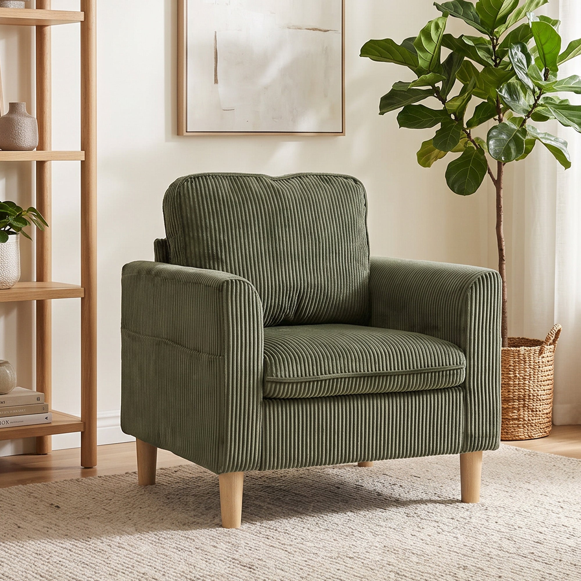 Fauteuil lounge van corduroy, gestoffeerde 1-zitsbank met brede zitting en verend kussen, 83x74x87cm, groen
