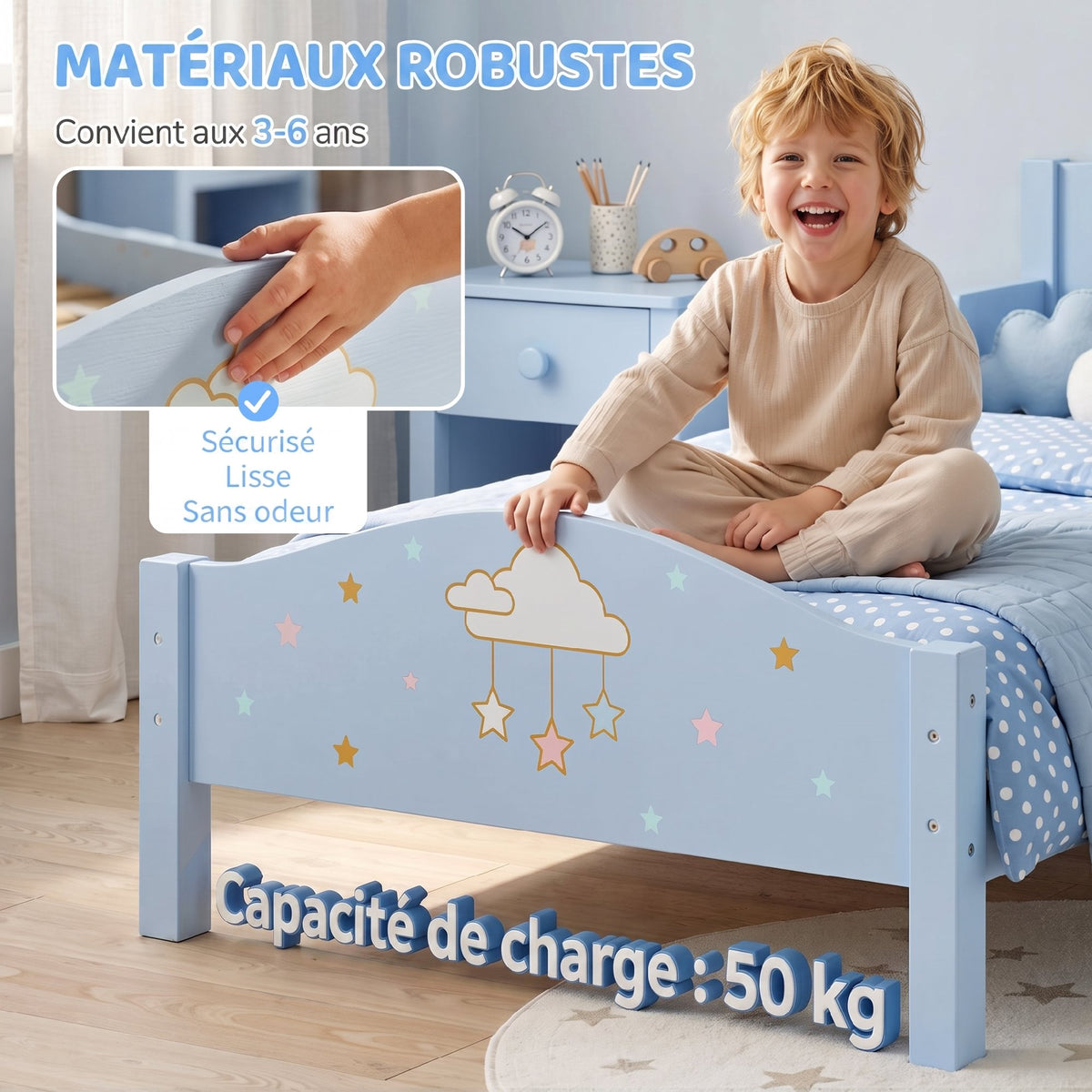 Lit Enfant 70 x 140 cm, Lit pour Enfant avec Barrière de Sécurité et Sommier à Lattes en Bois, Motif Nuage, Bleu